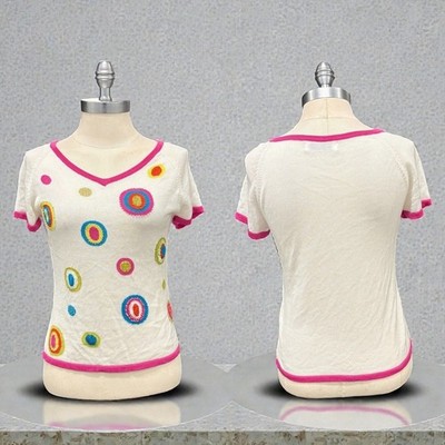 Refined Elegance Embroidered Beaded Mesh Tee Pink Trim Japan Size 9