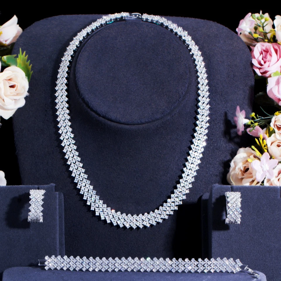 Versilberte Zirkonia Verlobung Halskette Ohrringe Armband Schmuck Set