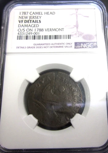 1787 Camel Head New Jersey on 1788 Vermont. NGC VF details damaged. #4331249-001