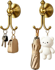 2Pack Antique Brass Hooks, Wall Mounted Robe Hook Brushed Towel Double Hook