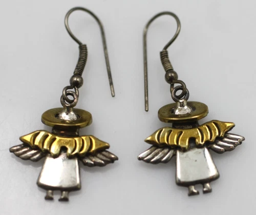 Vintage 925 sterling silver brass Angel halo wings drop dangle hook earrings