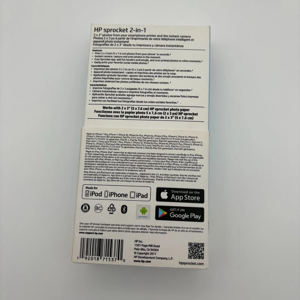 NEW IN BOX HP SPROCKET 2-IN-1 SMARTPHONE PRINTER+ INSTANT CAMERA PHOTO WHITE - Image 3 of 4