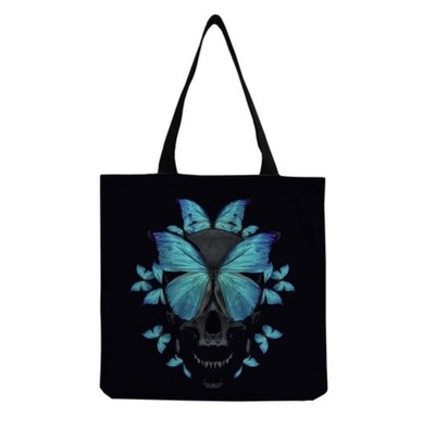 Black Tote Bag Purse Canvas Shopper Four Colorful Skulls and Flowers
