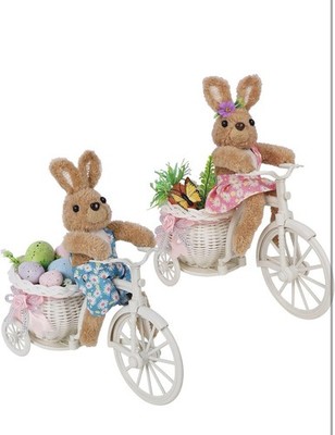 2PC Easter Rabbit Figurines on Bicycles with Baskets & Eggs, Pink/Blue, Fabric