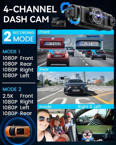 Dash Cam 4 Canali N5 Vista 360°, Risoluzione 1080P, Visione Notturna e Registrazione Loop - Foto 5 di 10