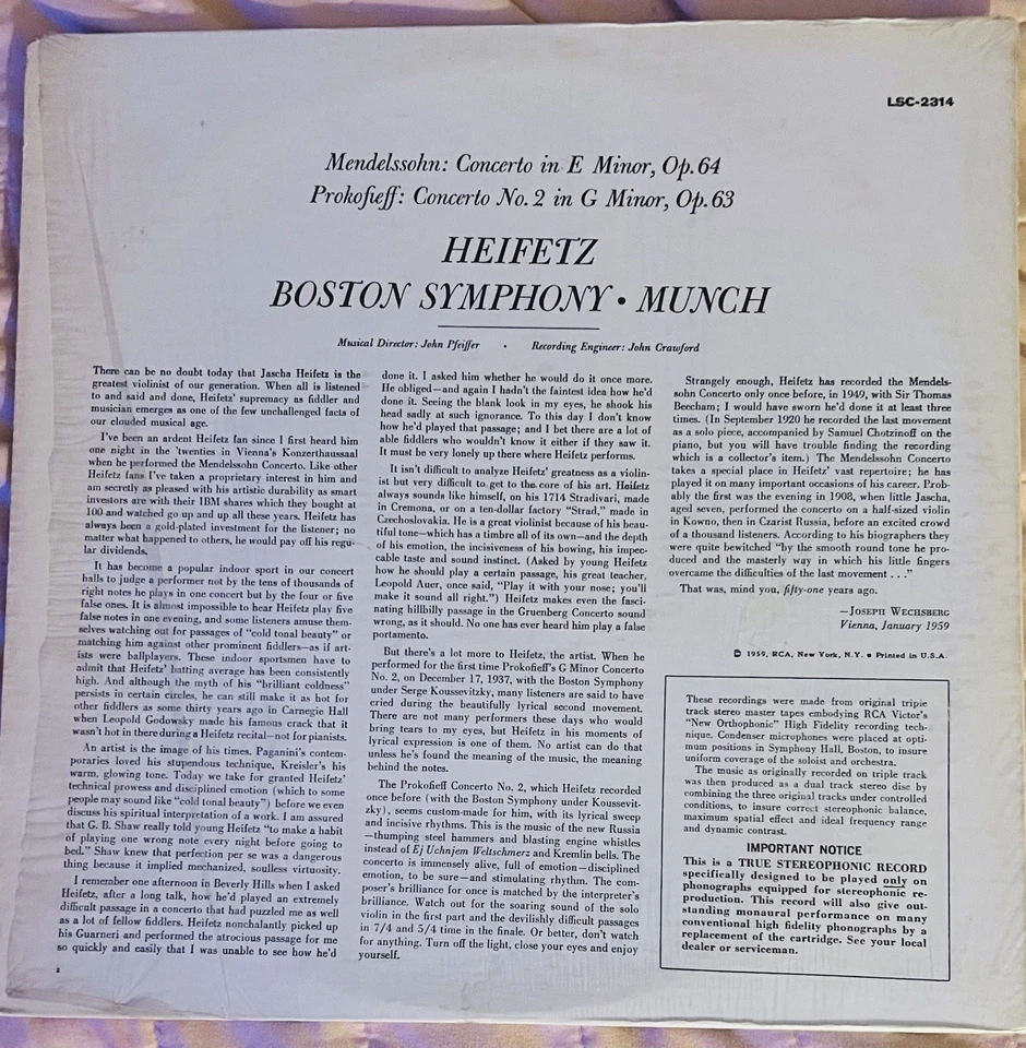HEIFETZ/MUNCH BSO Mendelssohn RCA Living Stereo LSC 2314 RED SEAL EXC+ Lp LP TAS - Image 2 of 2