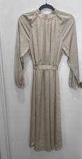 LOFT Beige Polka Dot Mock Neck Long Sleeve Belted Midi Dress Women’s 4