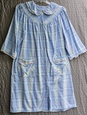 Vintage 1980s Blue Plaid Housecoat Duster Large / Extra Large Soft Comfy