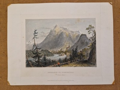 Kolorierter Stahlstich  Entrance to Simmenthal (Canton Bern)  Schweiz 1840 26x20
