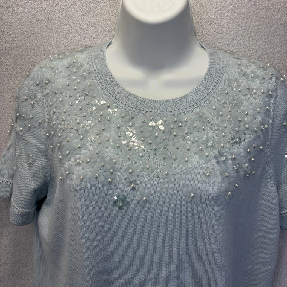 Suéter de manga corta con cuentas de lana merino Elie Tahari azul medio suave acogedor Foto 4 de 4