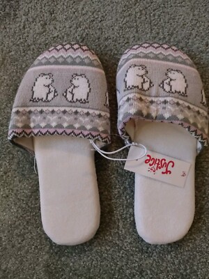 Girl's Justice Slippers, Slide-in, Sweater Knit, Gray Polar Bear, Med. 6-7, New