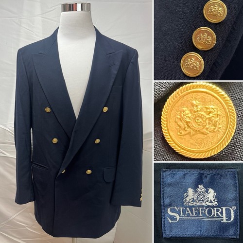 Stafford Vintage Men's 42L Navy Blue Gold Button Double Breasted Blazer Jacket