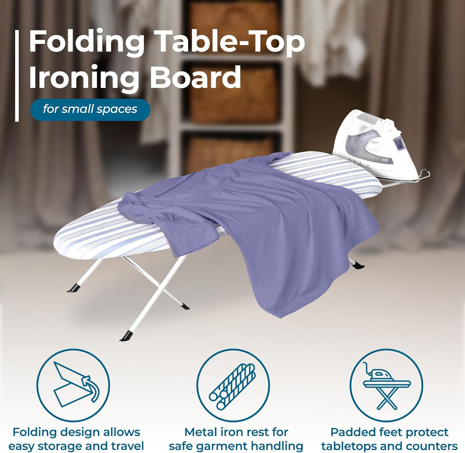 Honey-Can-Do Folding Tabletop Ironing Board with Iron Rest, Blue, 32” L X 12” W,