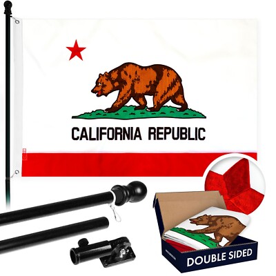 NEW G128 California Flag & Flagpole Set, 6FT Black Pole and 3x5FT Emb DS Flag