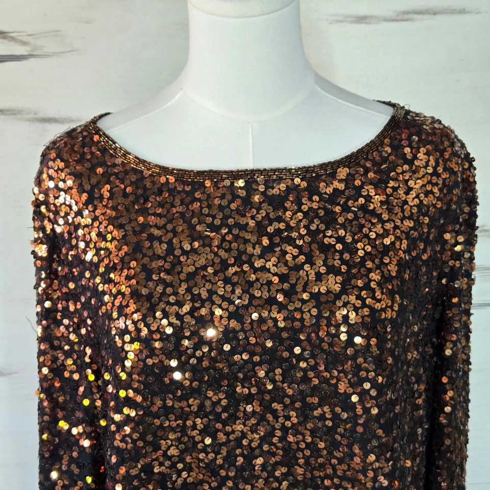 Платье цельнокроеное Blacktie Oleg Cassini большое бронзовое медное вечернее коктейльное с блестками - Изображение 3 из 4