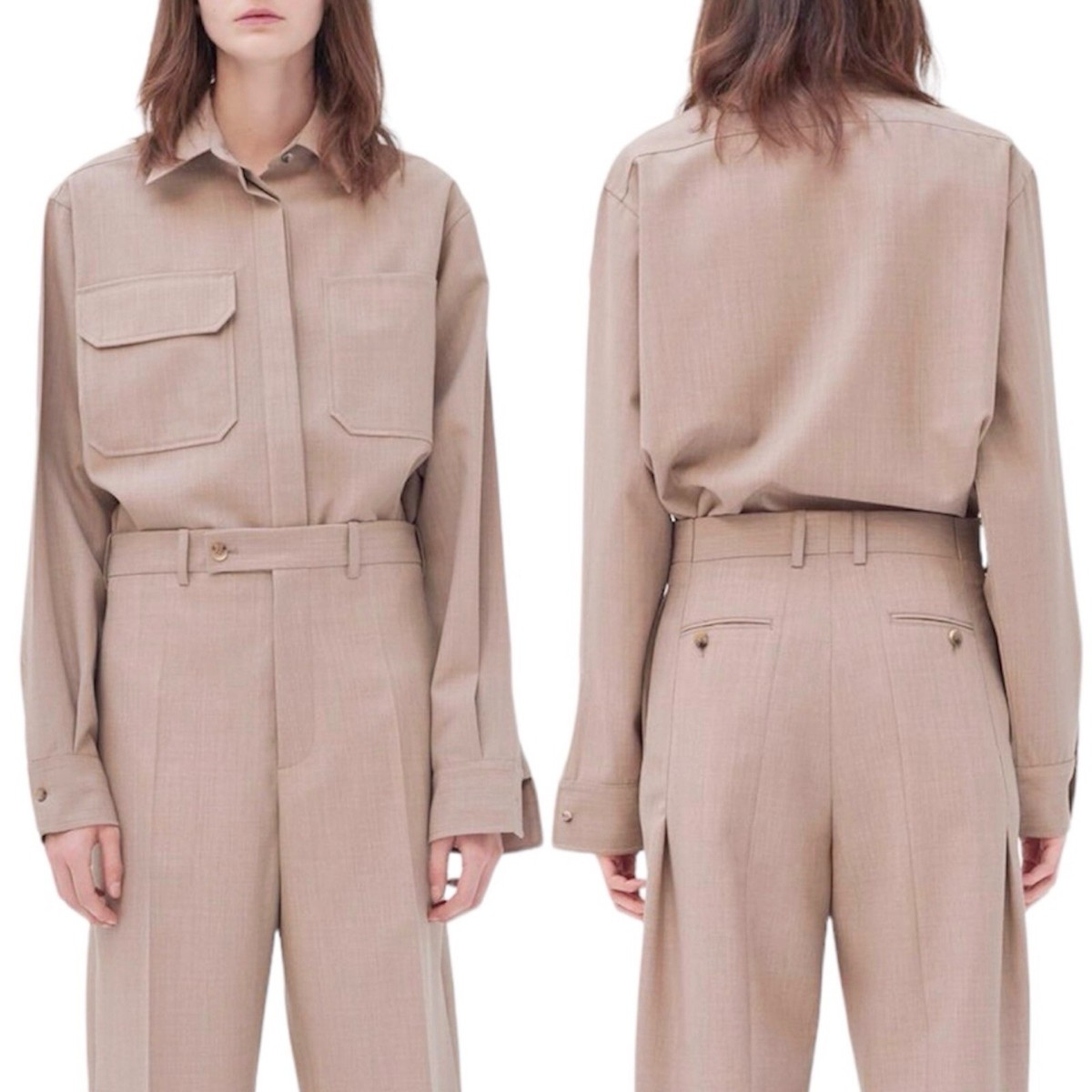 CELINE BEIGE MELANGE WOOL SHIRT WITH ASYMMETRICAL POCKETS CELINE BEIGE MELANGE WOOL SHIRT WITH ASYMMETRICAL POCKETS