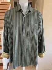 Paul Smith Italy Striped Dress Shirt Greens Brown Stripe Contrast Cuff 17.5 44cm