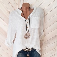 Summer Long Sleeve T-Shirt Womens Tunic Cotton Linen Pullover Blouse Tops Ladies