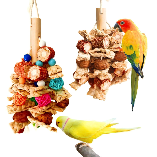 2 Pack Bird Toys for Parakeets Parrots,Natural Hanging Chew Toys with Bells,Bird