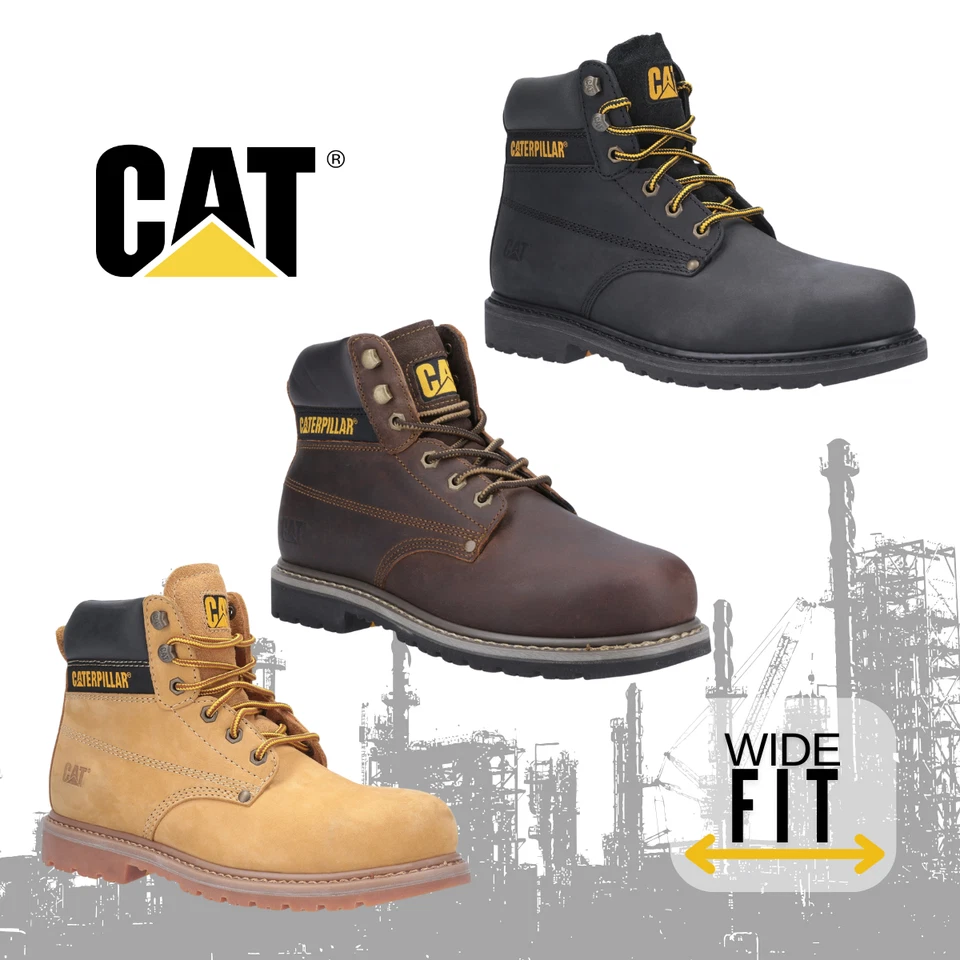 Mens CAT Safety Boots Powerplant Wide Steel Toe Cap Leather Industrial Workwear