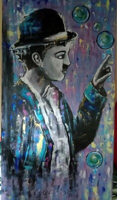 Charlie Chaplin, Modern Hand Painted Painting, Charlot, Decorative Panel 