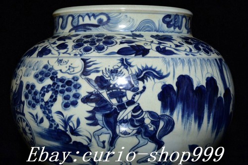 13,3" Alte Dynastie Blau Weiß Porzellan Guiguzi Menschen Reiten Pferd Topf Glas - Bild 6 von 9