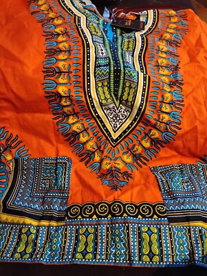 African Dashiki Short Sleeve Hooded Traditional Orange Blue Youth Size 8/10