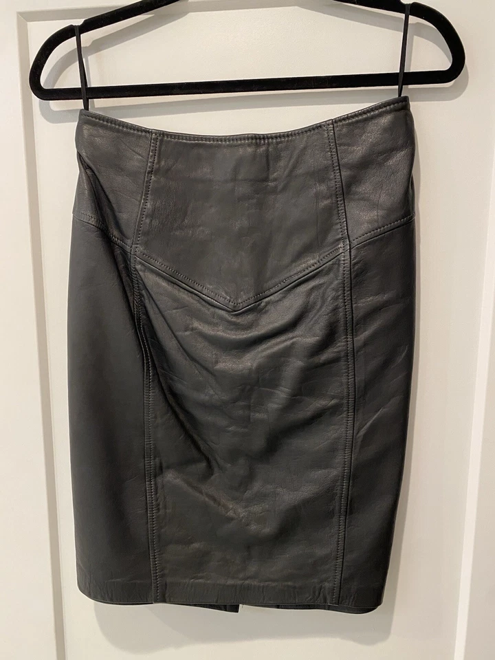 Falda lápiz vintage de cuero genuino negra de los años 80/90’s cintura alta para mujer talla 14 Foto 2 de 4
