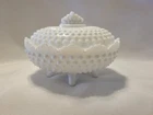 Vintage Fenton White Milk Glass Hobnail Oval Footed Covered Candy Dish with Lid