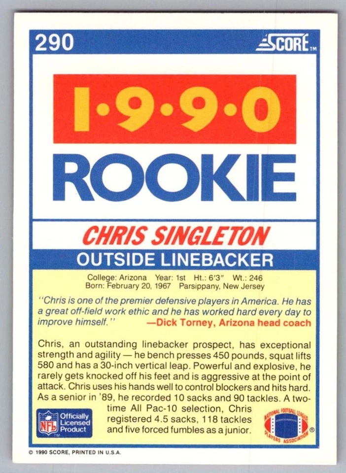 1990 Score Chris Singleton Rookie Arizona Wildcats #290 - Image 2 of 2