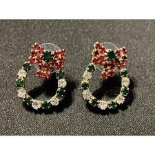 Christmas Wreath W/ Bows Crystal Post Earrings