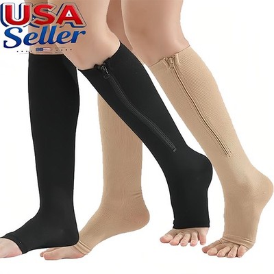 1/3PAIR Open Toe Zip Up Compression Zipper Socks Calf Support Stocking Women Men