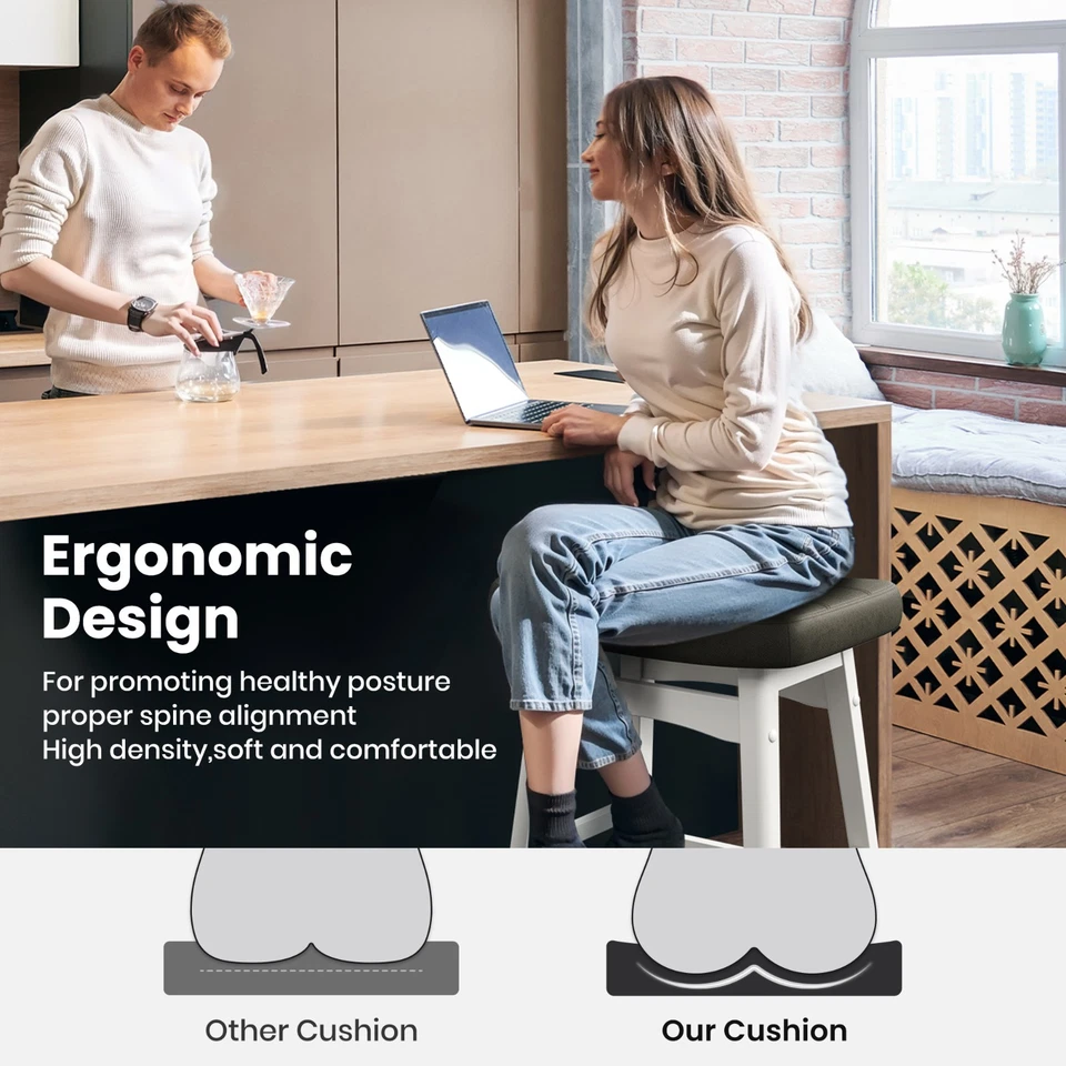 24" Bar Stools Set of 4/3/2/1 Counter Height Saddle Stools White Solid Wood Legs - Image 3 of 4