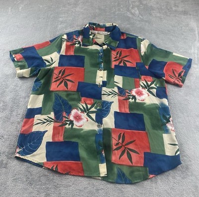 Kathy Che Women s Button Up Blouse Sz 16 Green Red Blue Floral Casual C39