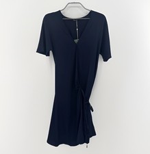 Quince Stretch Silk Wrap Dress size L Women's in Navy Blue Short Sleeve Mini