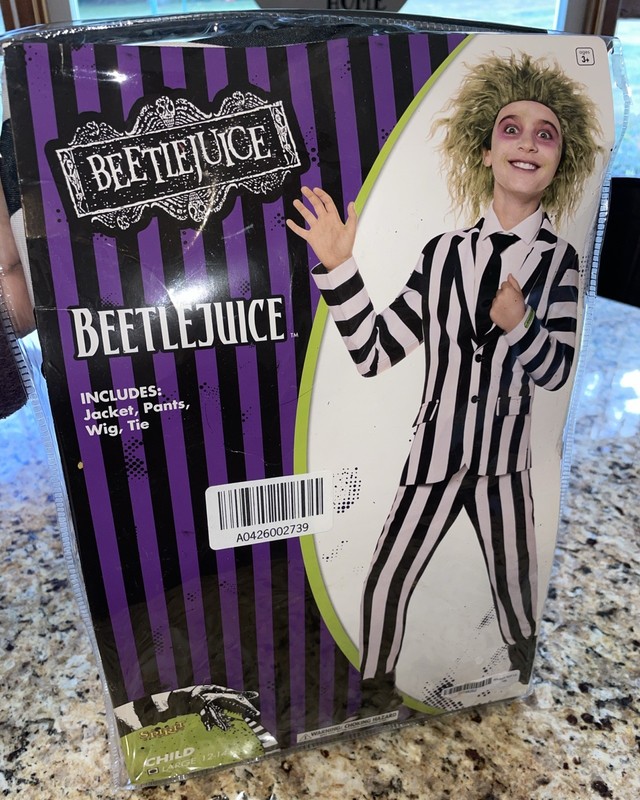 Spirit Halloween Beetlejuice Costume Child Size Large 12-14 Plus Wig Retails $60