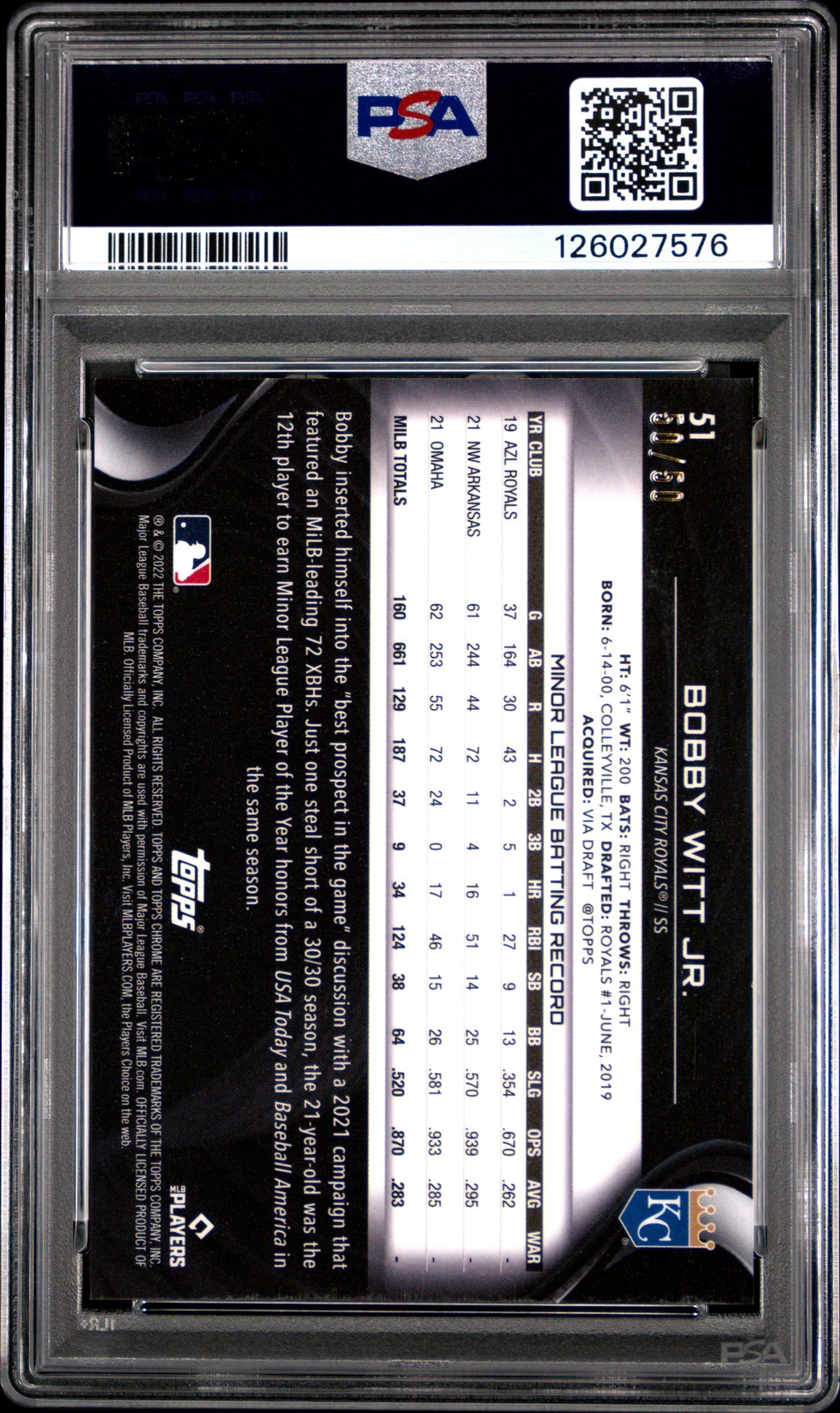 2022 TOPPS CHROME BLACK #51 BOBBY WITT JR. ROOKIE RC 50/50 PSA 9 view 2