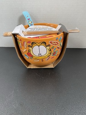 NEW Garfield Junk Foods 20oz Orange Ceramic Noodle Bowl w/Chopsticks & Spoon