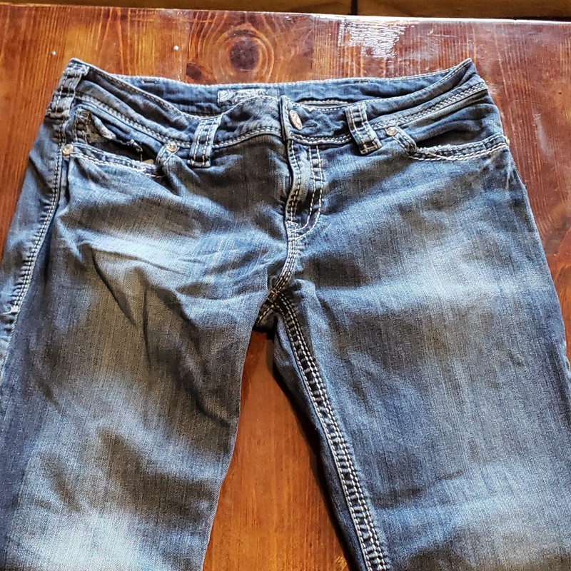 Silver Jeans Suki Flap Bootcut Denim Jeans Blue Embroidered Button Logo Women's