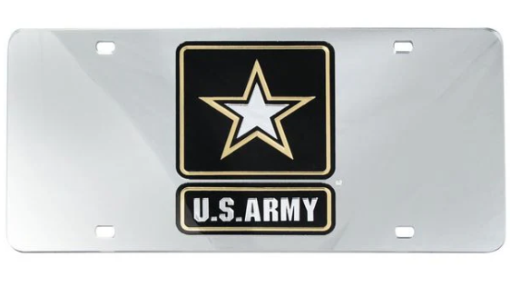 Silver Army star mirror license plate with black and gold star logo on black background, reading “U.S. Army” in gold lettering.