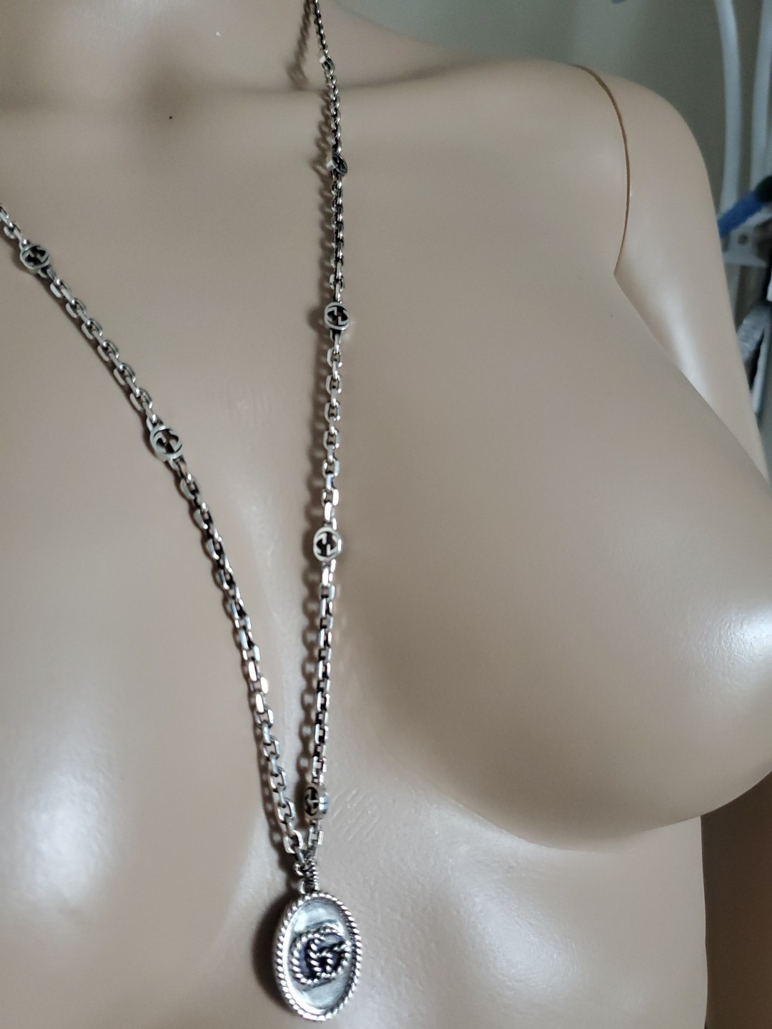 Gucci Sterling Aged Silver GG Marmont Pendant Chain Necklace Unisex V-DAY RARE thumbnail 8