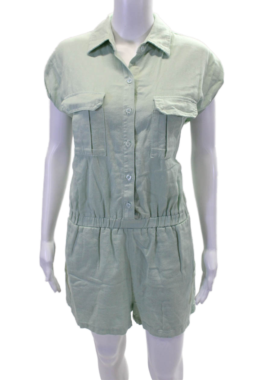 Monrow Womens Cotton Short Sleeve Button Up Lined Romper Green Size SFree Shipping in US $100+ Orders | $6.95 Orders Below