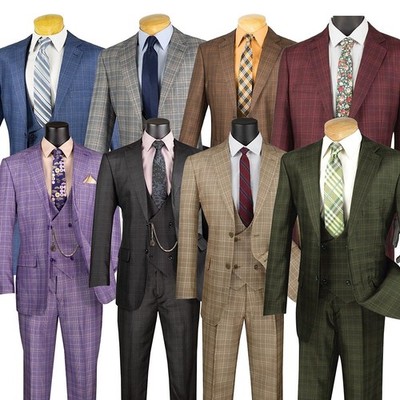 Vinci Men's Regular Fit Glen Plaid 2-Button 3-Piece Suit