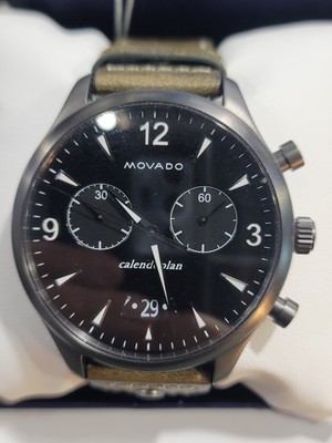 Movado Heritage Calendoplan 45mm Black Dial Green Leather Strap Quartz  3650029