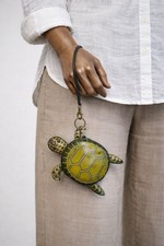 Turtle Leather Coin Purse Green Carved Shell Wristlet
