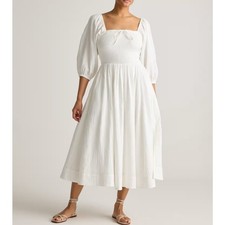 New Quince White Organic Cotton Gauze Smocked Square Neck Midi Dress Sz Medium