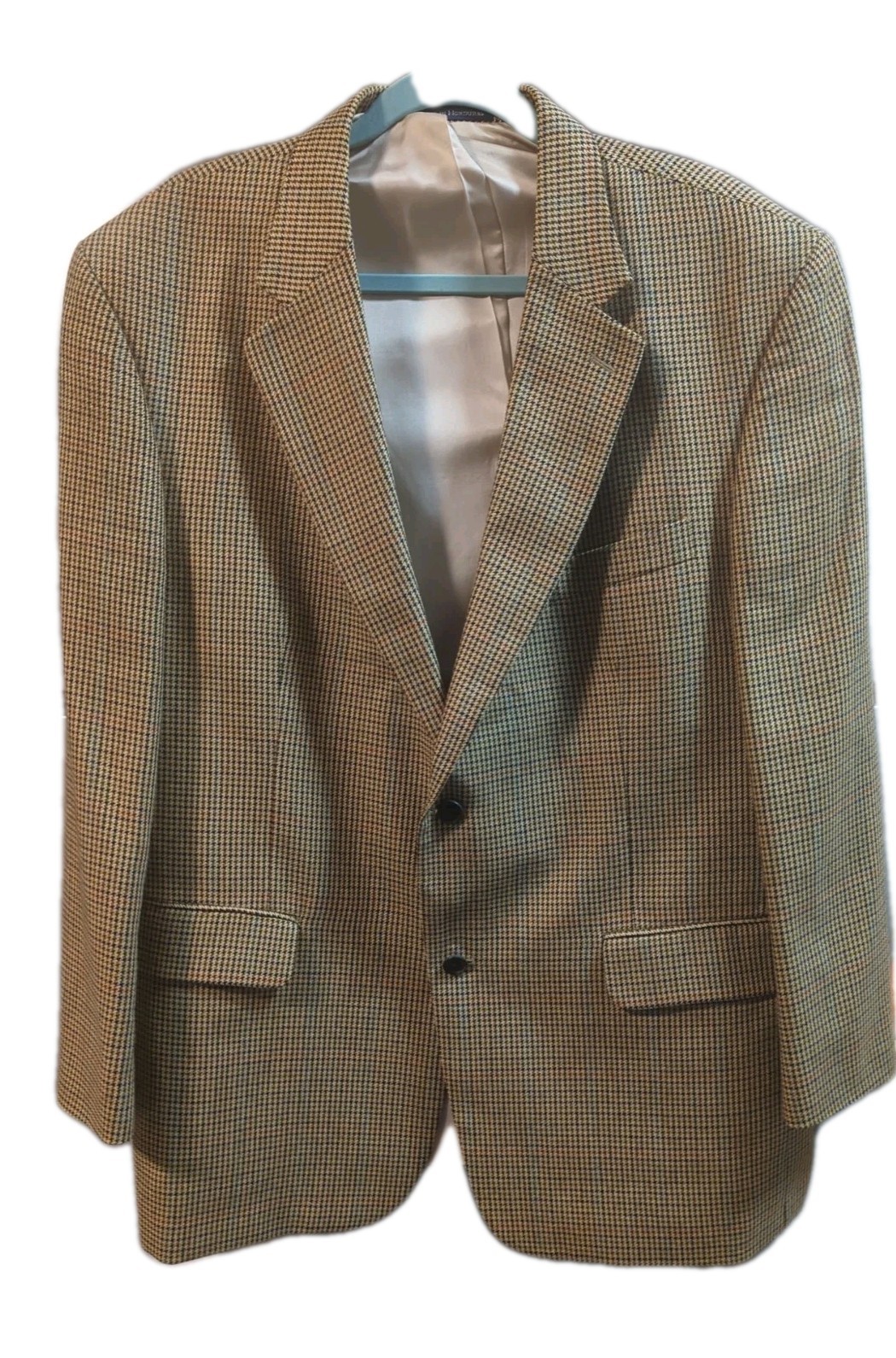 Lands End 46R Mens Silk Wool Plaid Blazer Sport Coat Jacket Tan Houndstooth