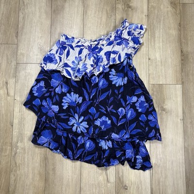 NWT Anthropologie Womens Size S One Shoulder Floral Dress Blue Tiered Gauze  | eBay