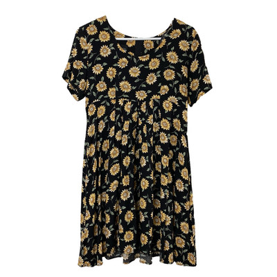 Vintage MsChoice California Floral Mini Dress 10 USA Short Sleeve Black Yellow