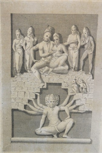 ANTIQUE 1798 BENGAL ENGRAVING INDIAN HINDU GOD MAHDEW & PURWUTTEE. VEER BUDDER